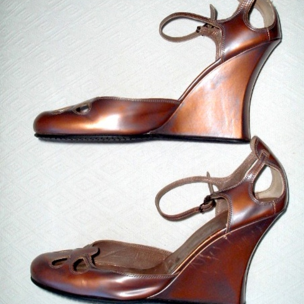 STEPHANE KELIAN Paris COPPER Brown high WEDGE HEELS antiqued leather Vintage 8